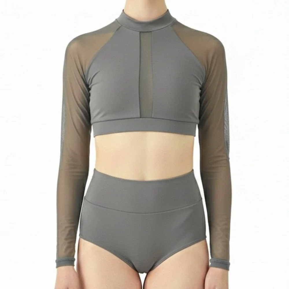 BalTogs Gray mesh Long Sleeve Two-Piece charcoal dance dancewear outfit NWT CL‎